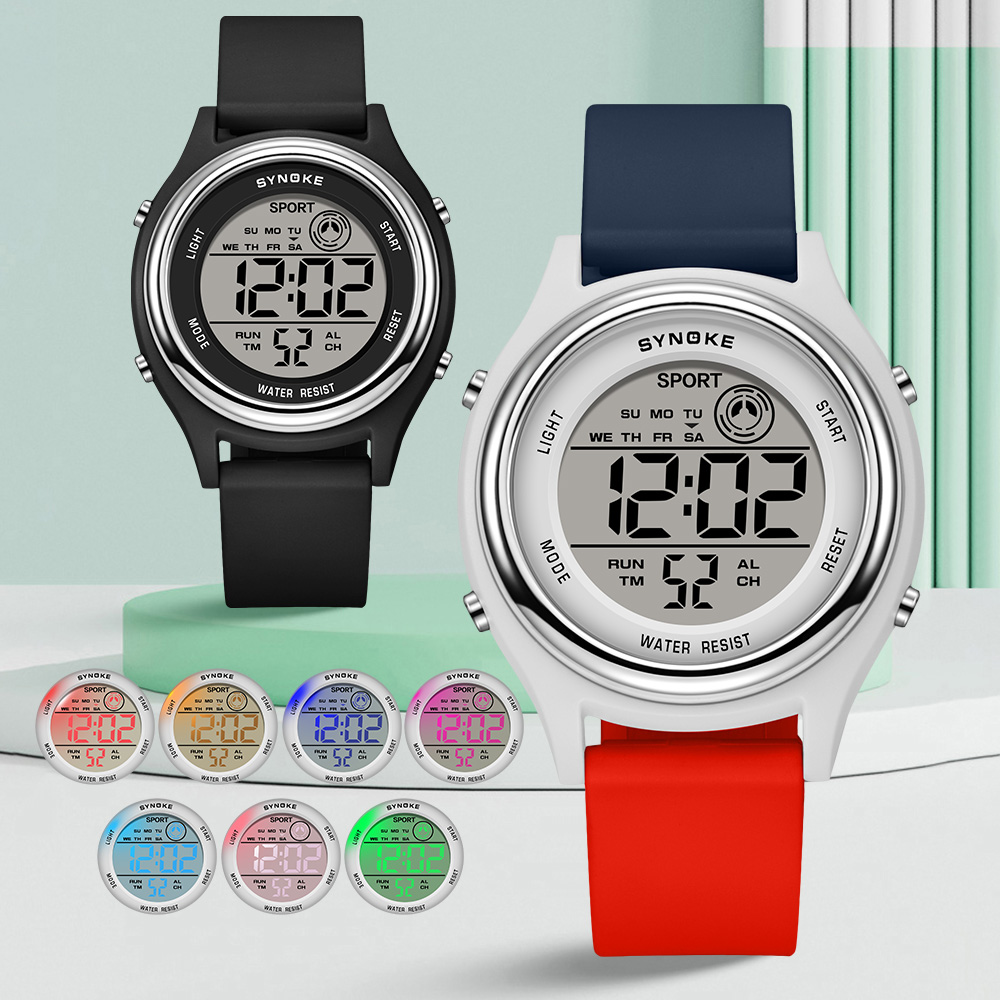 Home Security Electronics - SYNOKE เด็กที่มีสีสันเจ็ดไฟนาฬิกากีฬานักเรียนนาฬิกาดิจิตอลสําหรับเด็กนาฬิกาอิเล็กทรอนิกส์กันน้ํา Shock Resist