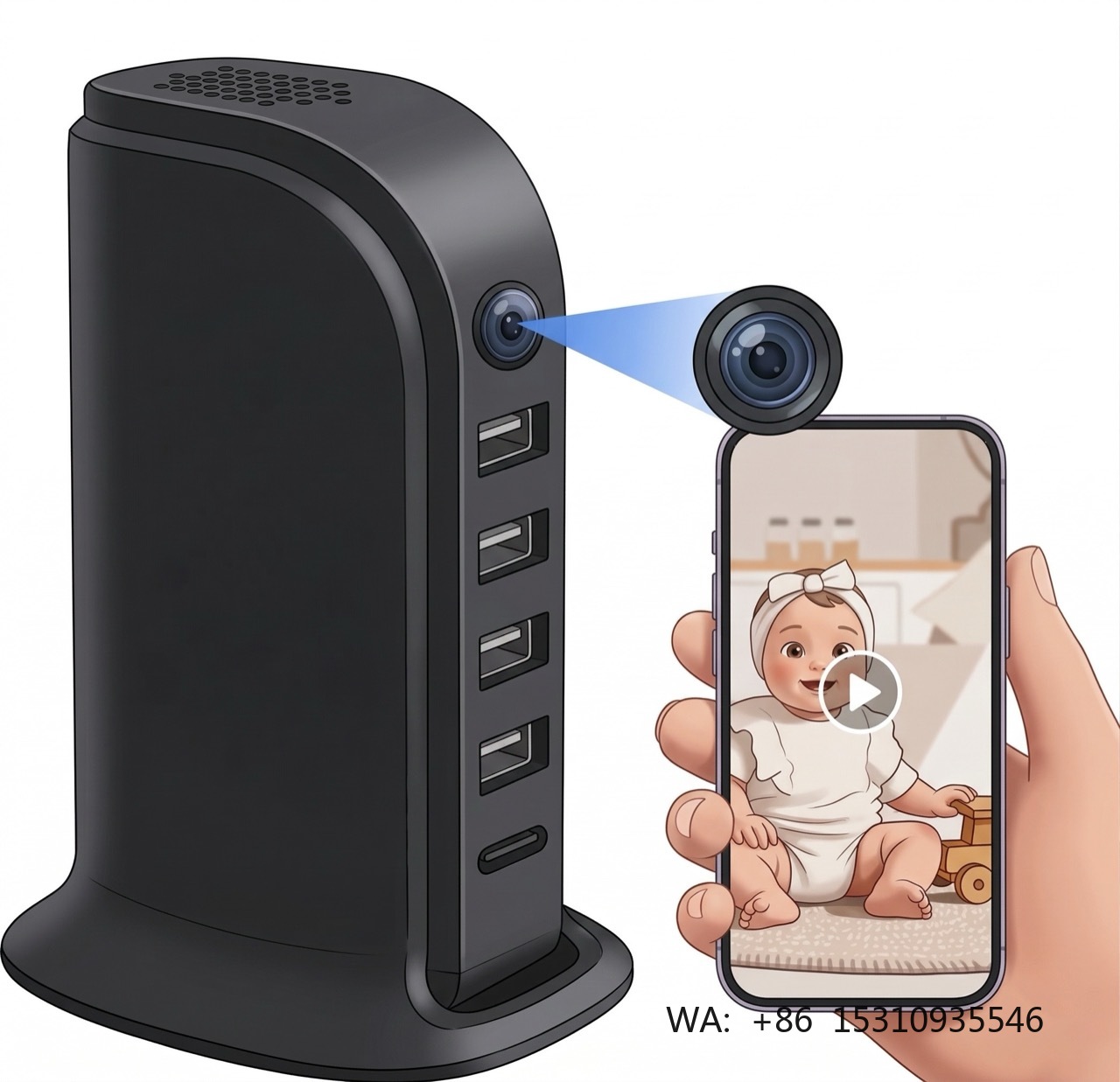 Home Security Officer - กล้องรักษาความปลอดภัย Wi-Fi ขนาดกะทัดรัดสำหรับโฮมออฟฟิศ สถานีชาร์จ 5 พอร์ต