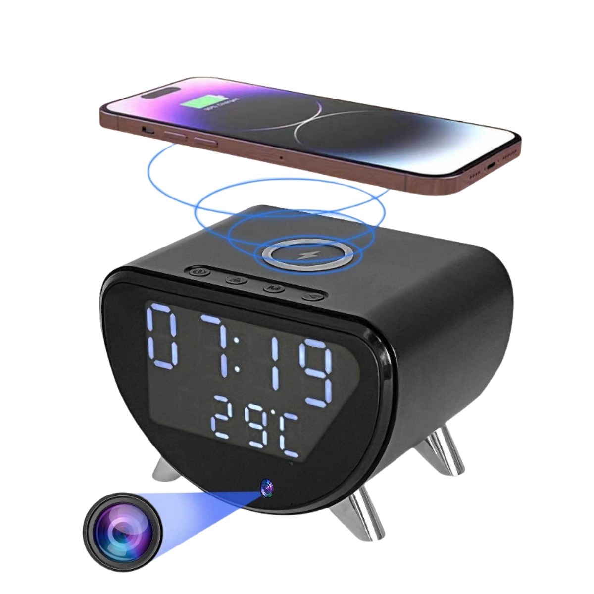 Hidden Camera Clock - กล้องนาฬิกาปลุกชาร์จไร้สาย - การเฝ้าระวัง 4K HD, การตรวจจับการเคลื่อนไหว,